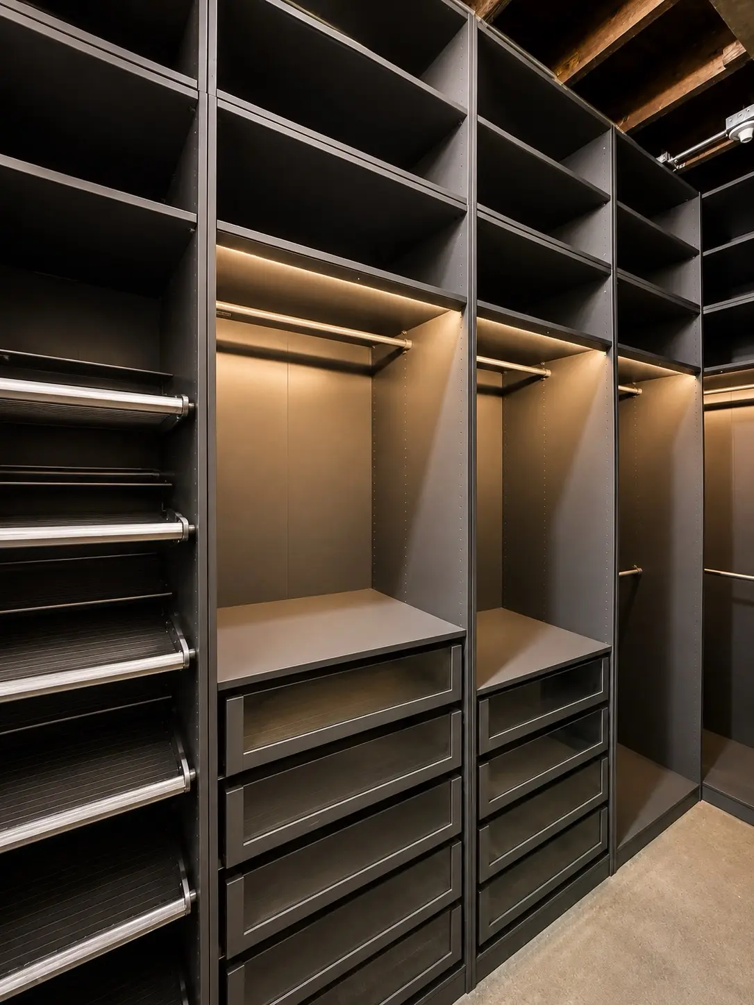 Dark premium walk-in closet with drawers and LED lighting