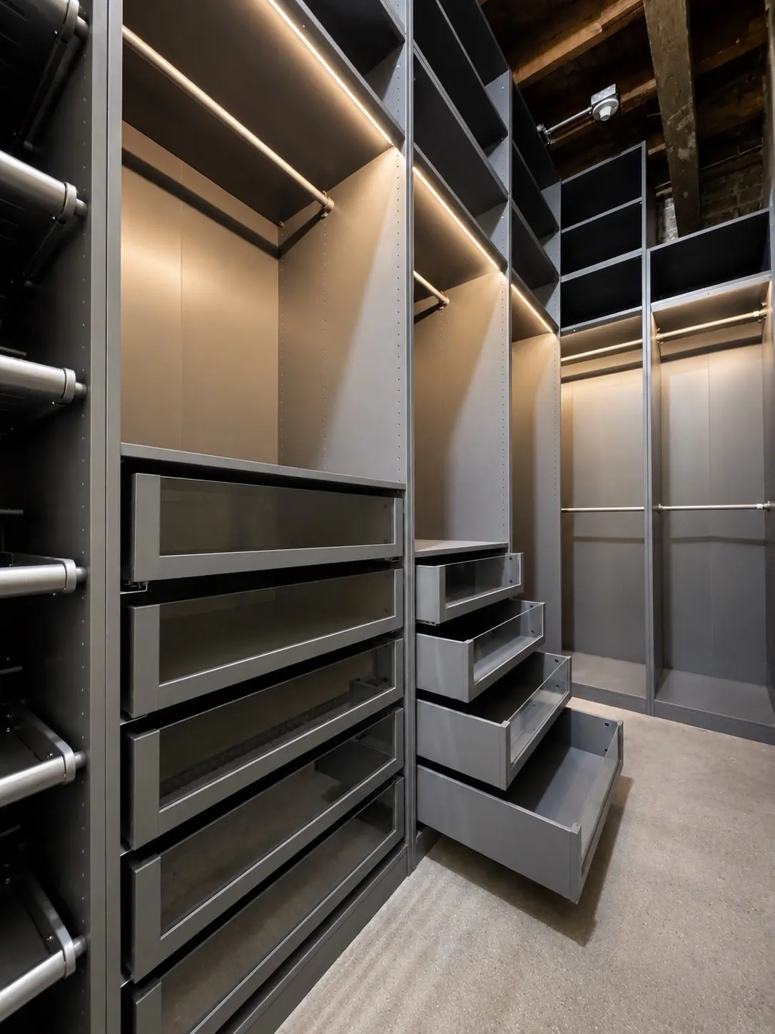 Dark walk-in closet with full-height shelves and hanging rails