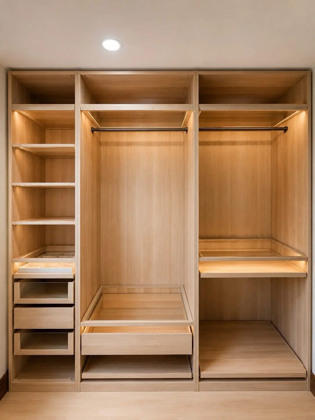 Oak dressing room with central drawer island
