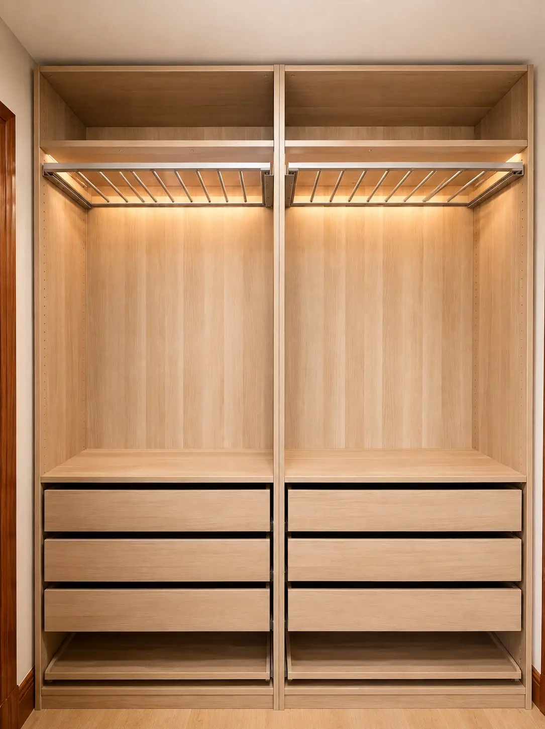 Oak dressing room cabinetry with drawers and hanging rails