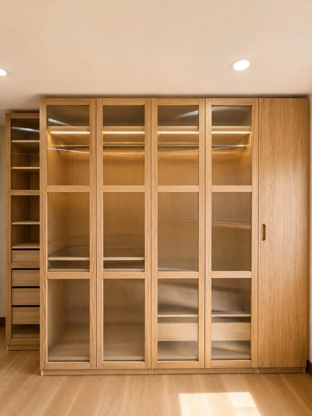 Oak closet with glass doors and warm LED lighting