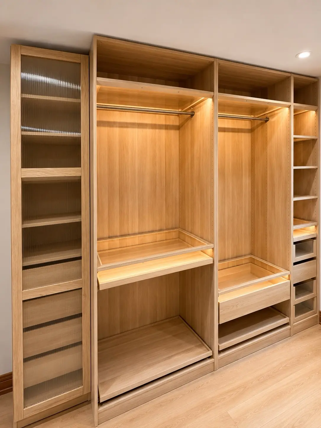 Oak storage fitted beneath a sloped ceiling
