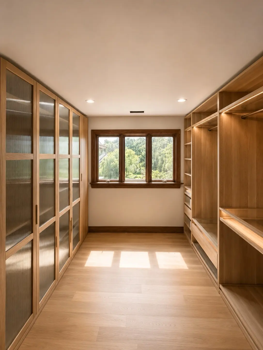 Natural oak walk-in closet with window and full-height cabinetry