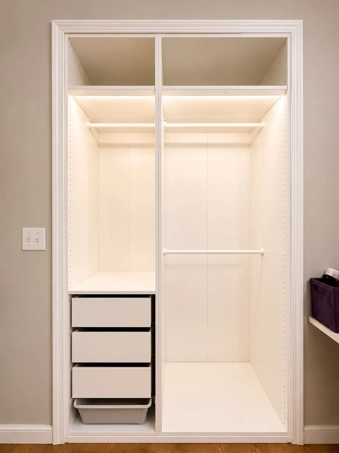 White custom closet with double hanging and adjustable shelves