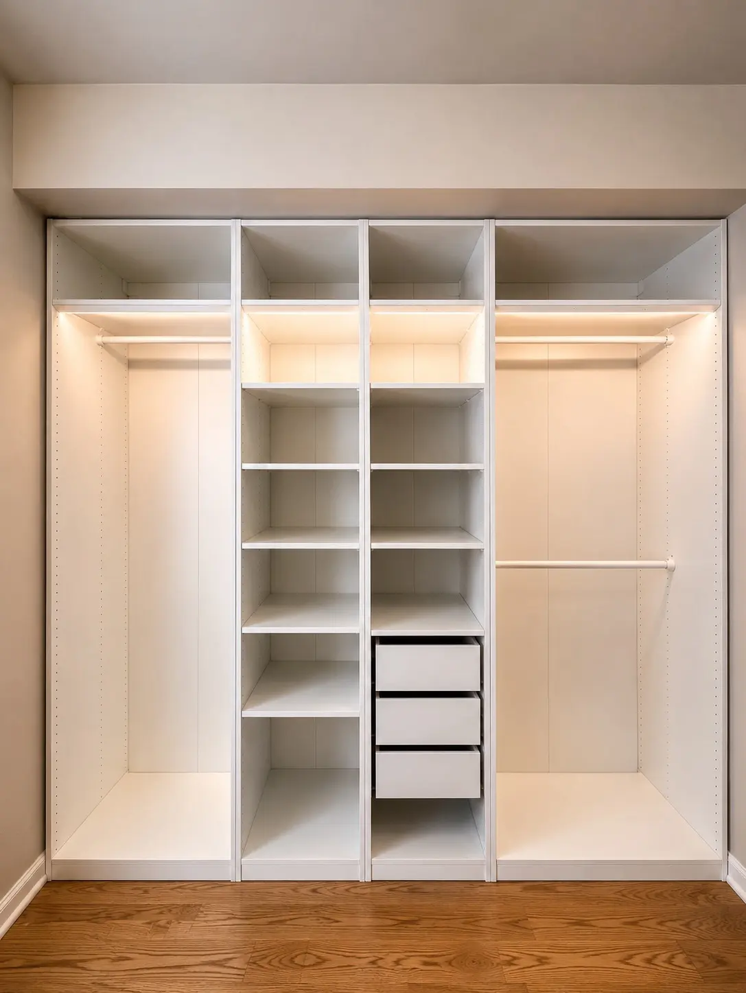 Compact white closet fitted into a bedroom alcove