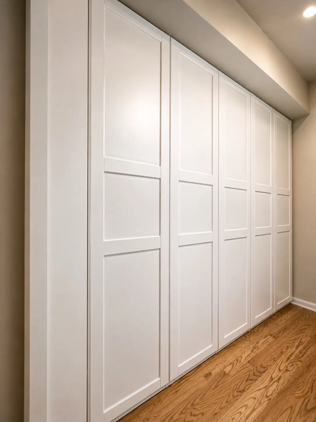 Long wall of white paneled wardrobe doors